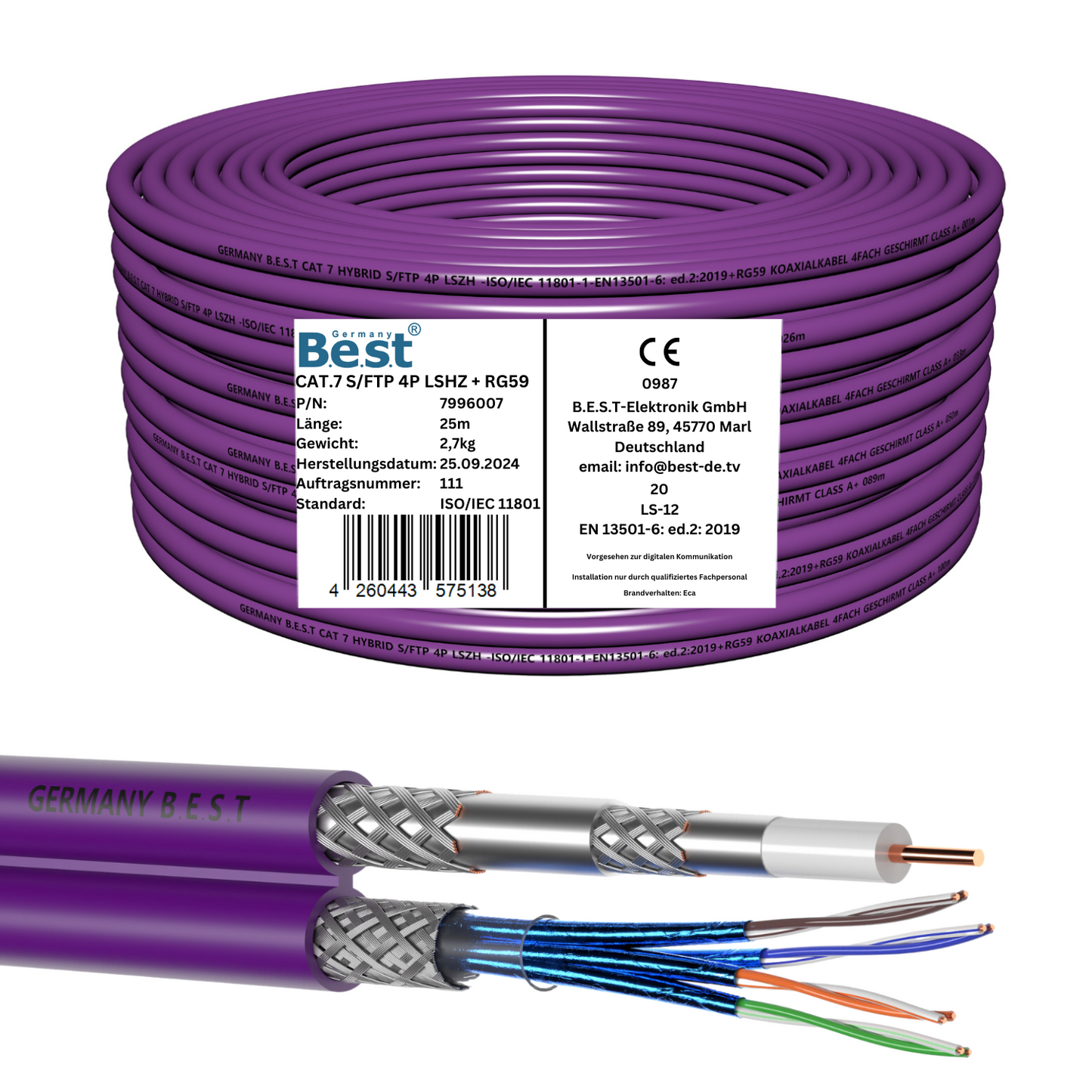 Cat7 LAN Netzwerkkabel + Sat Kabel Hybridkabel 25M 10 Gbit/s –& Koaxialkabel 4-fach Abschirmung – für Streaming, Kamerasysteme, Satellitenempfang