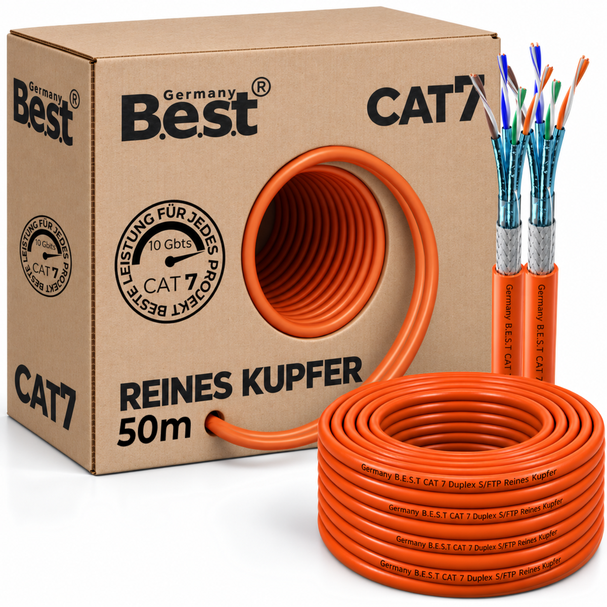 Câble réseau duplex CAT 7 50M Câble de pose Cuivre Câble LAN Câble Ethernet S/FTP 10 Gbit/s Cat 7 cuivre pur Câble de données PoE+ LSZH Câble de données