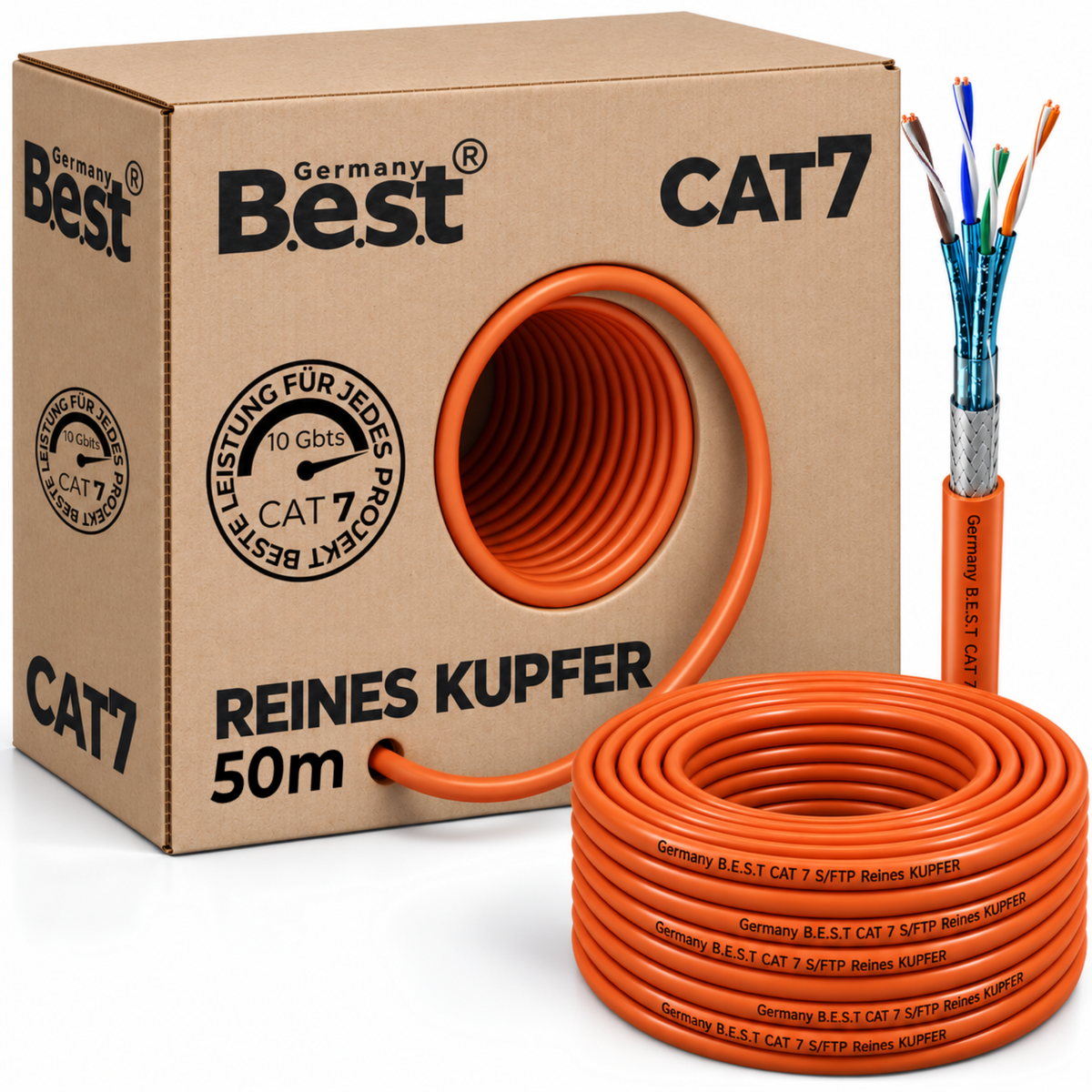 Câble réseau CAT 7 50 m simplex, câble d'installation cuivre, câble LAN Ethernet S/FTP 10 Gbit/s Cat 7 en cuivre pur, câble de données PoE+ LSZH