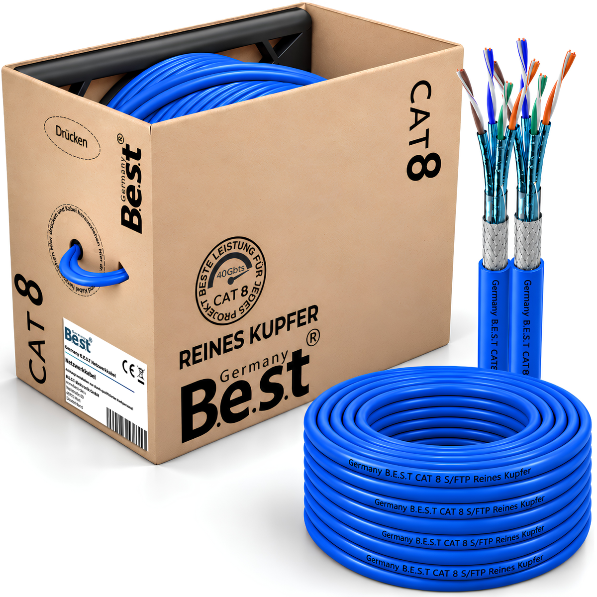 Câble réseau duplex CAT 8 100M Câble d'installation en cuivre Câble LAN Câble Ethernet S/FTP 40 Gbit/s Cat 8 Câble de données en cuivre pur PoE++ Câble de données LSZH