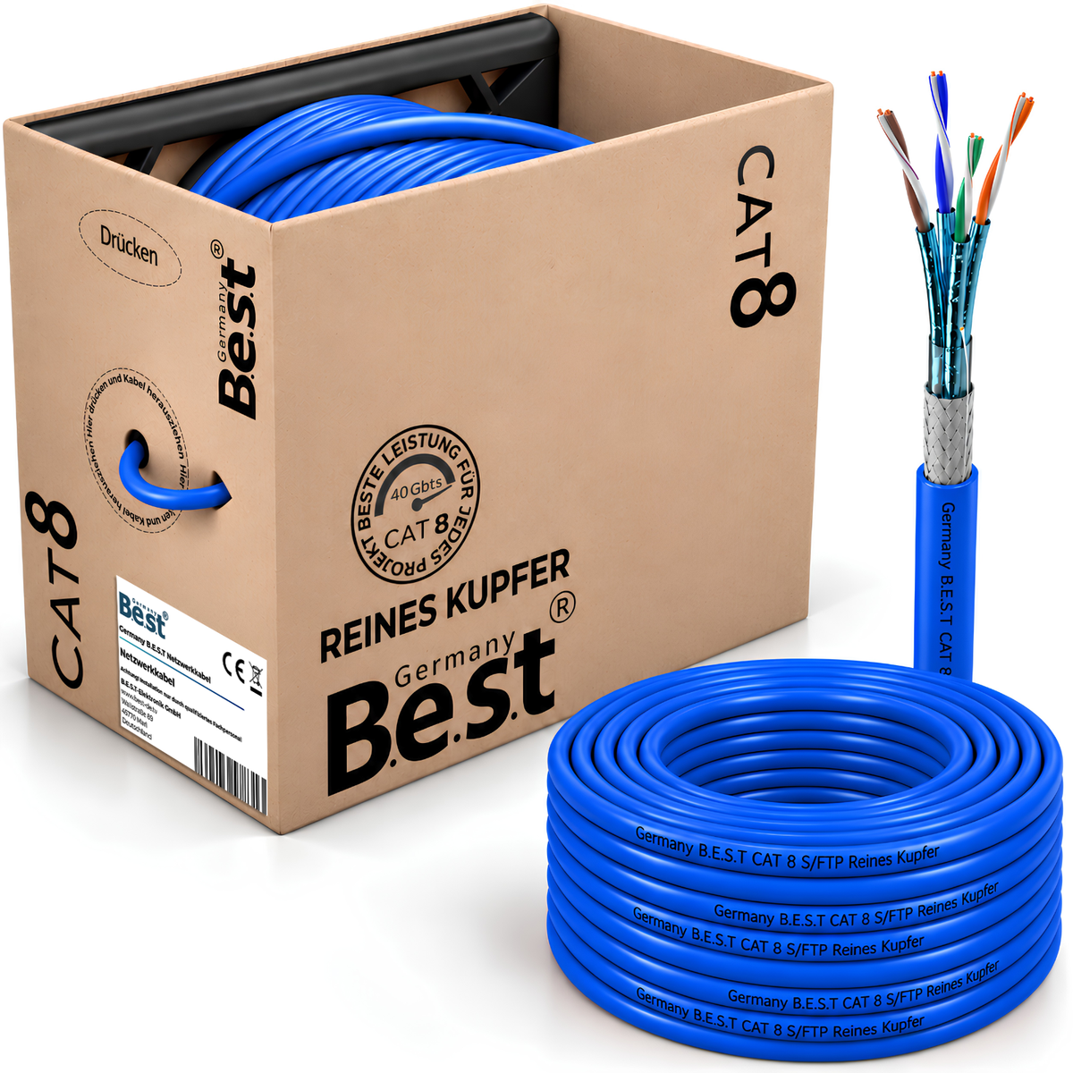 Câble réseau 200M CAT 8 câble de pose en cuivre Câble LAN Câble Ethernet S/FTP 40 Gbit/s Cat 8 câble de données en cuivre pur PoE++ Câble de données LSZH Simplex
