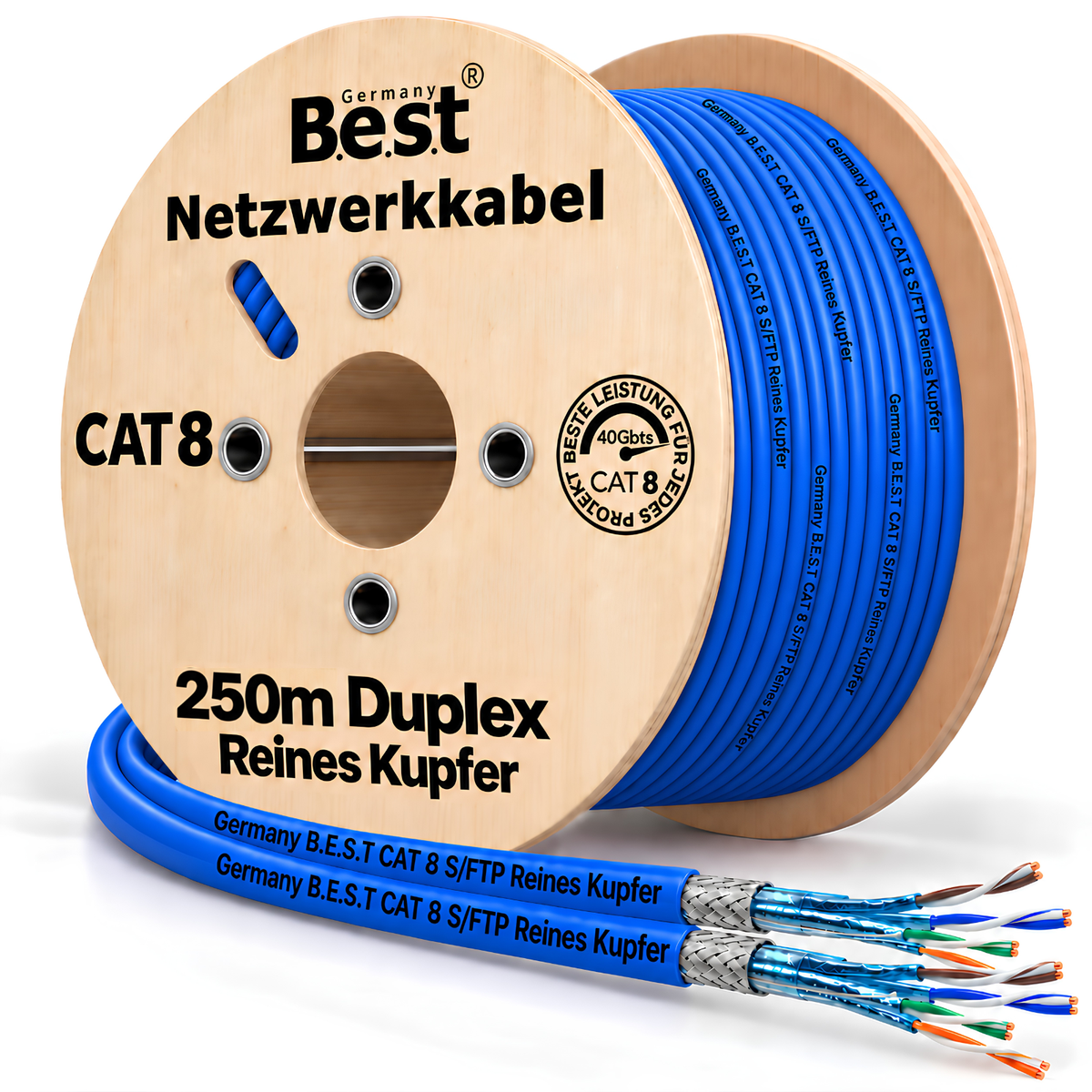 Câble réseau duplex CAT 8 de 250 m Câble d'installation en cuivre Câble LAN Câble Ethernet S/FTP 40 Gbit/s Cat 8 Câble de données en cuivre pur PoE++ Câble de données LSZH