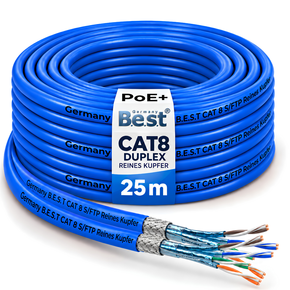 Câble réseau duplex de 25 m CAT 8 Câble d'installation en cuivre Câble LAN Câble Ethernet S/FTP 40 Gbit/s Cat 8 Câble de données en cuivre pur PoE++ Câble de données LSZH