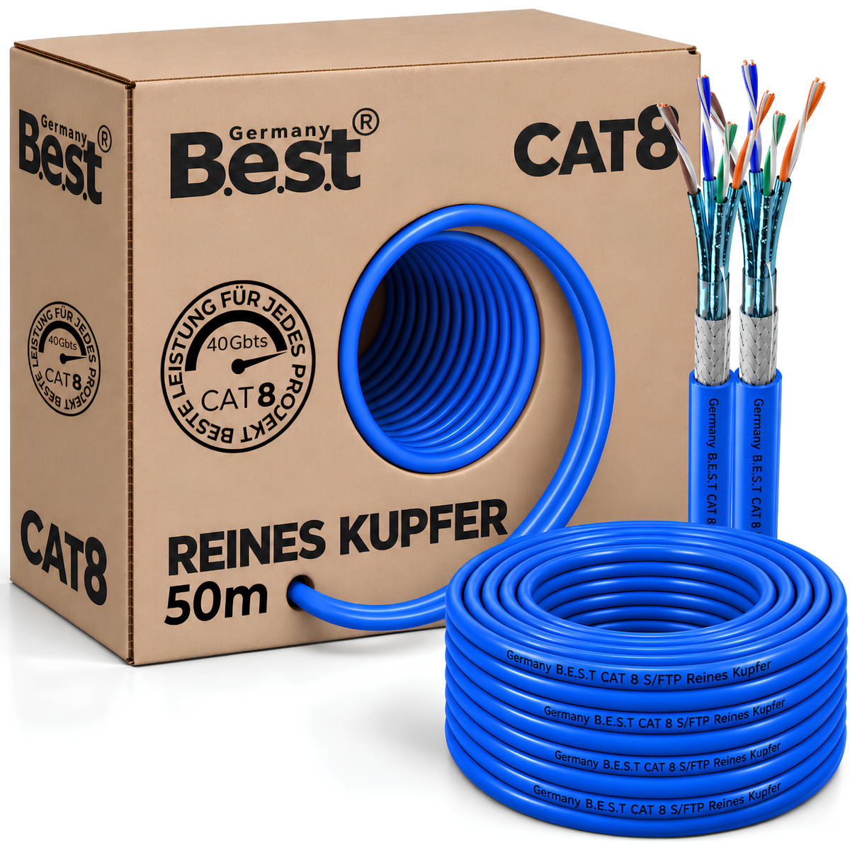 Câble Réseau Duplex 50M CAT 8 Câble de Pose Cuivre Câble LAN Câble Ethernet S/FTP 40 Gbit/s Cat 8 Câble de Données en Cuivre Pur PoE++ Câble de Données LSZH