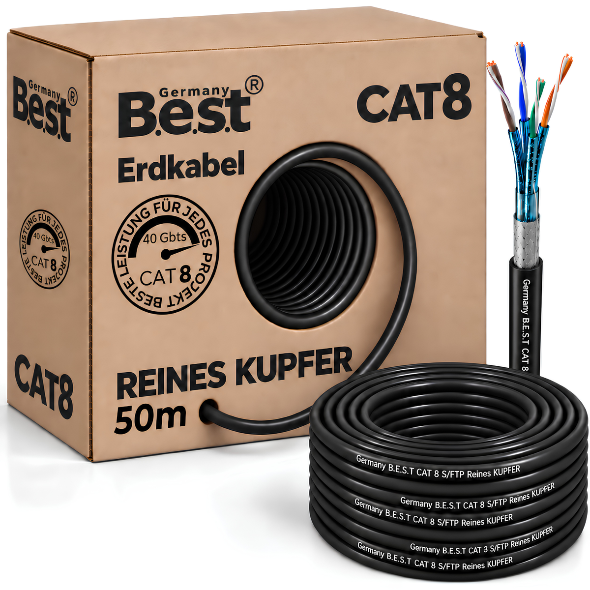 Câble réseau extérieur CAT 8 de 50 m Câble de pose sans halogène Câble d'installation 40 Gbit/s Câblage CAT8 Câble de données réseau CAT8.1 LAN