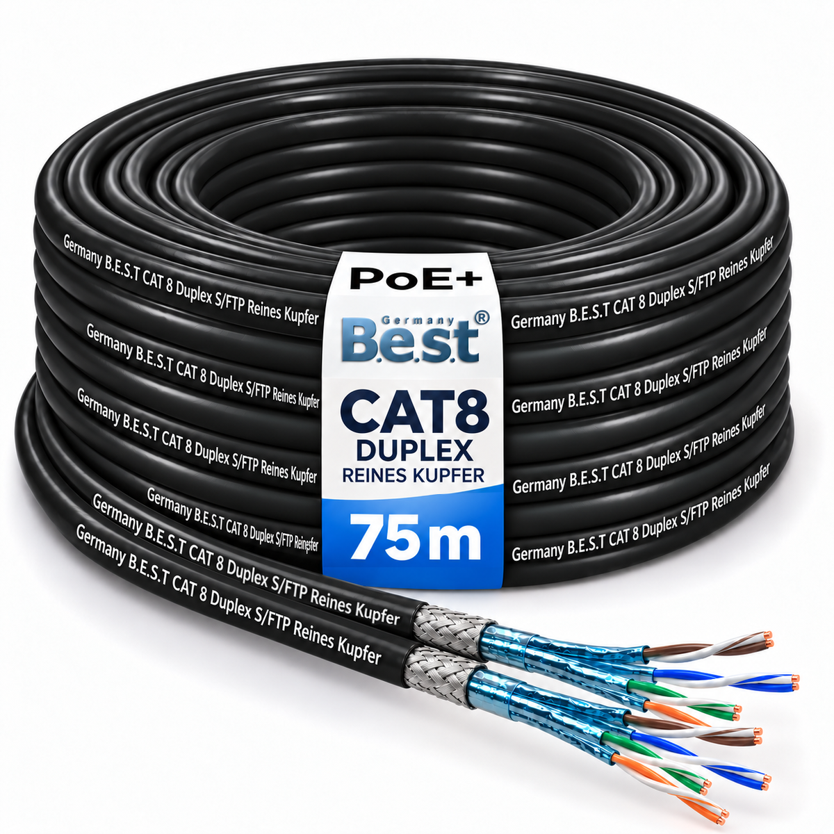 Câble réseau extérieur duplex CAT 8 de 75m, câble de pose sans halogène, câble d'installation 40 Gbit/s, câblage CAT8, câble de données réseau CAT8.1 LAN