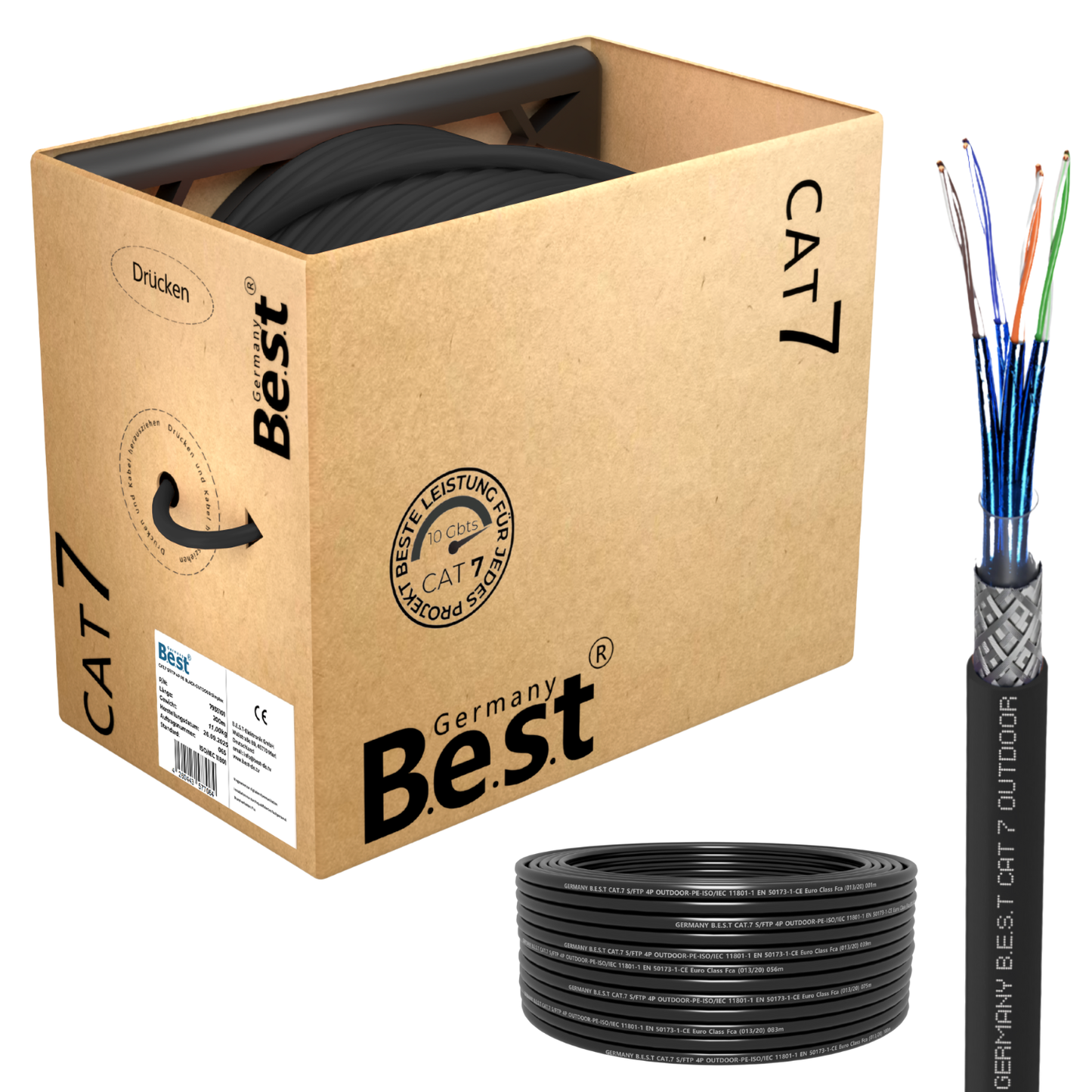CAT 7 200M Simplex Erdkabel Netzwerkkabel Outdoorkabel LAN Kabel Ethernetkabel S/FTP 10 Gbit/s Kat 7 reines Kupfer PoE+ LSZH Datenkabel