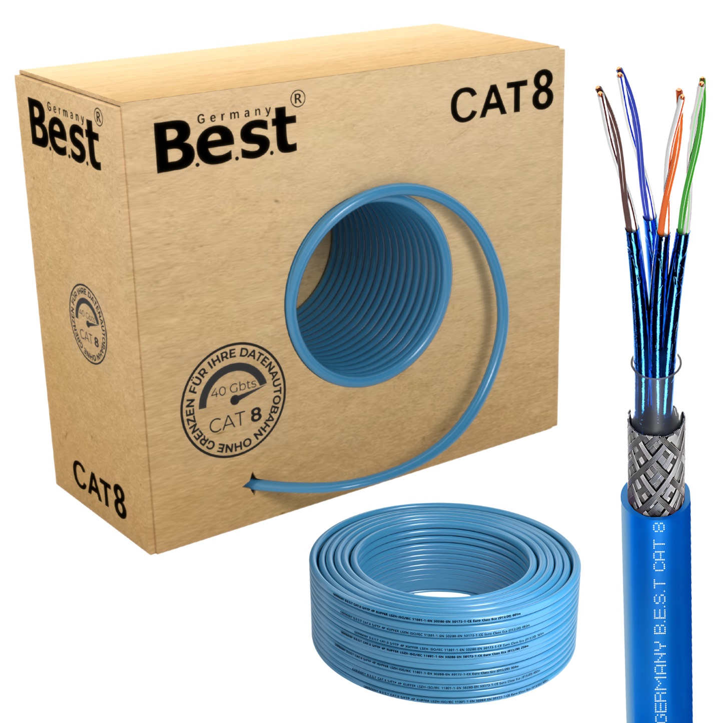 100M CAT 8 Netzwerkkabel Verlegekabel Kupfer LAN Kabel Ethernetkabel S/FTP 40 Gbit/s Kat 8 reines Kupfer Datenkabel PoE++ LSZH Datenkabel Simplex