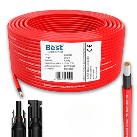 Solarkabel Solarleitung 25-100M 4-6mm² Photovoltaik PV Kabel + 10 Solarstecker Schwarz und Rot