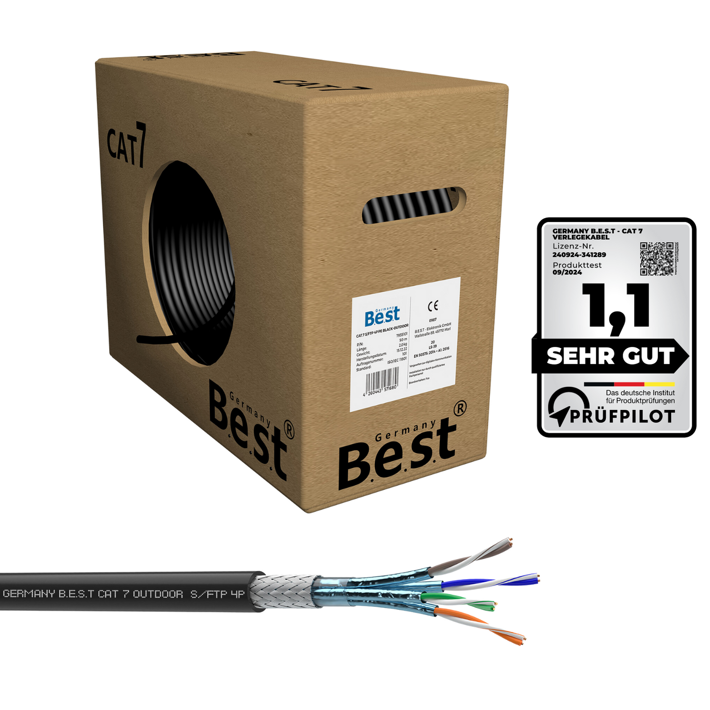 CAT 7 Outdoor Verlegekabel 50m Simplex Gigabit Netzwerkkabel KUPFER