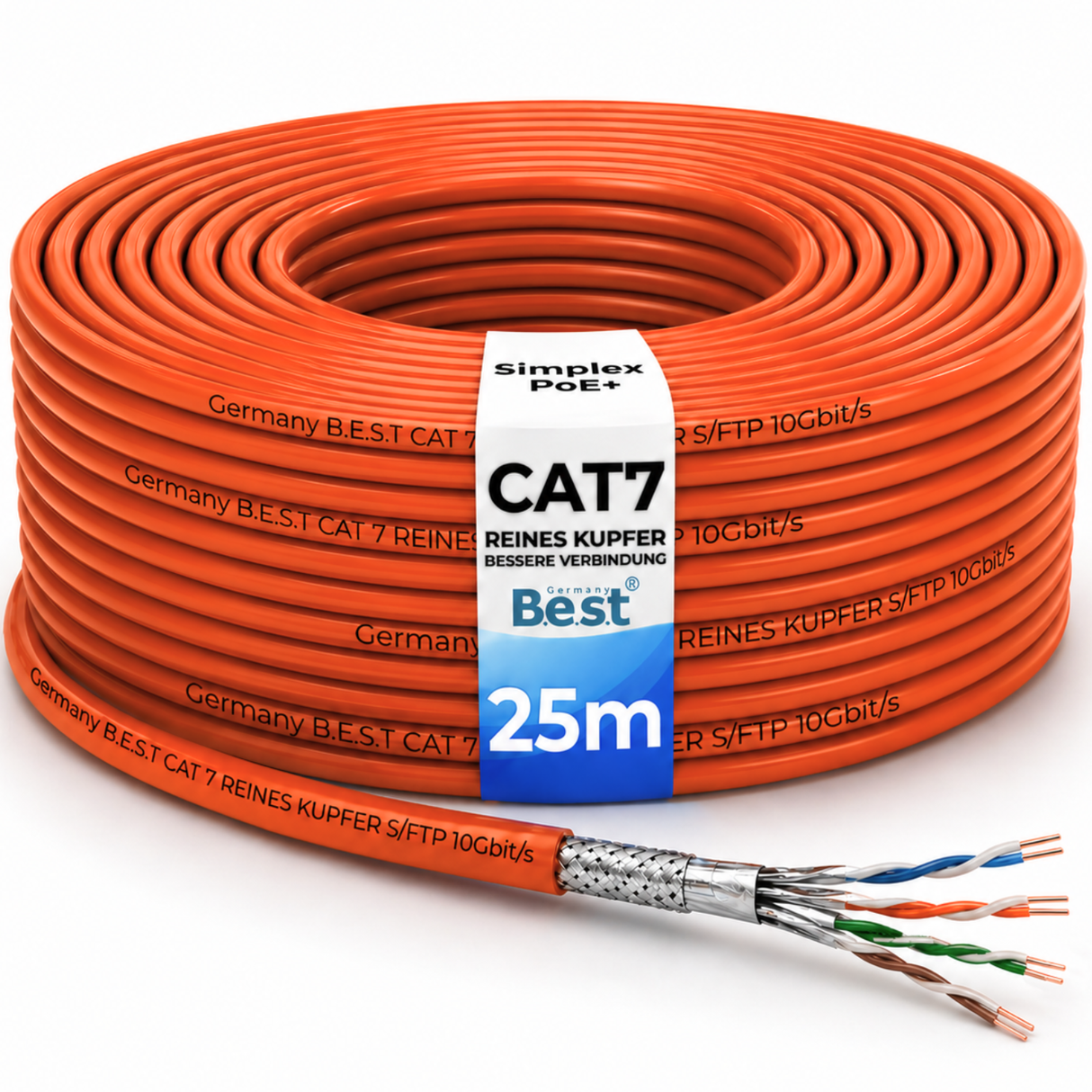CAT 7 25M Simplex Netzwerkkabel Verlegekabel Kupfer LAN Kabel Ethernetkabel S/FTP 10 Gbit/s Kat 7 reines Kupfer Datenkabel PoE+ LSZH Datenkabel