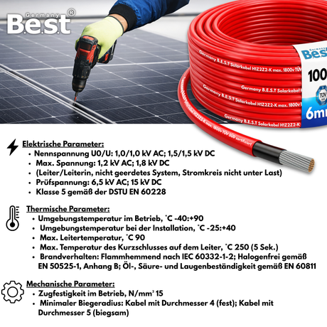 Solarkabel 4mm² 6mm² PV Kabel H1Z2Z2-K Photovoltaik Solarleitung Rot Schwarz 50m 100m für Solaranlage PV Anlage (Kopie)