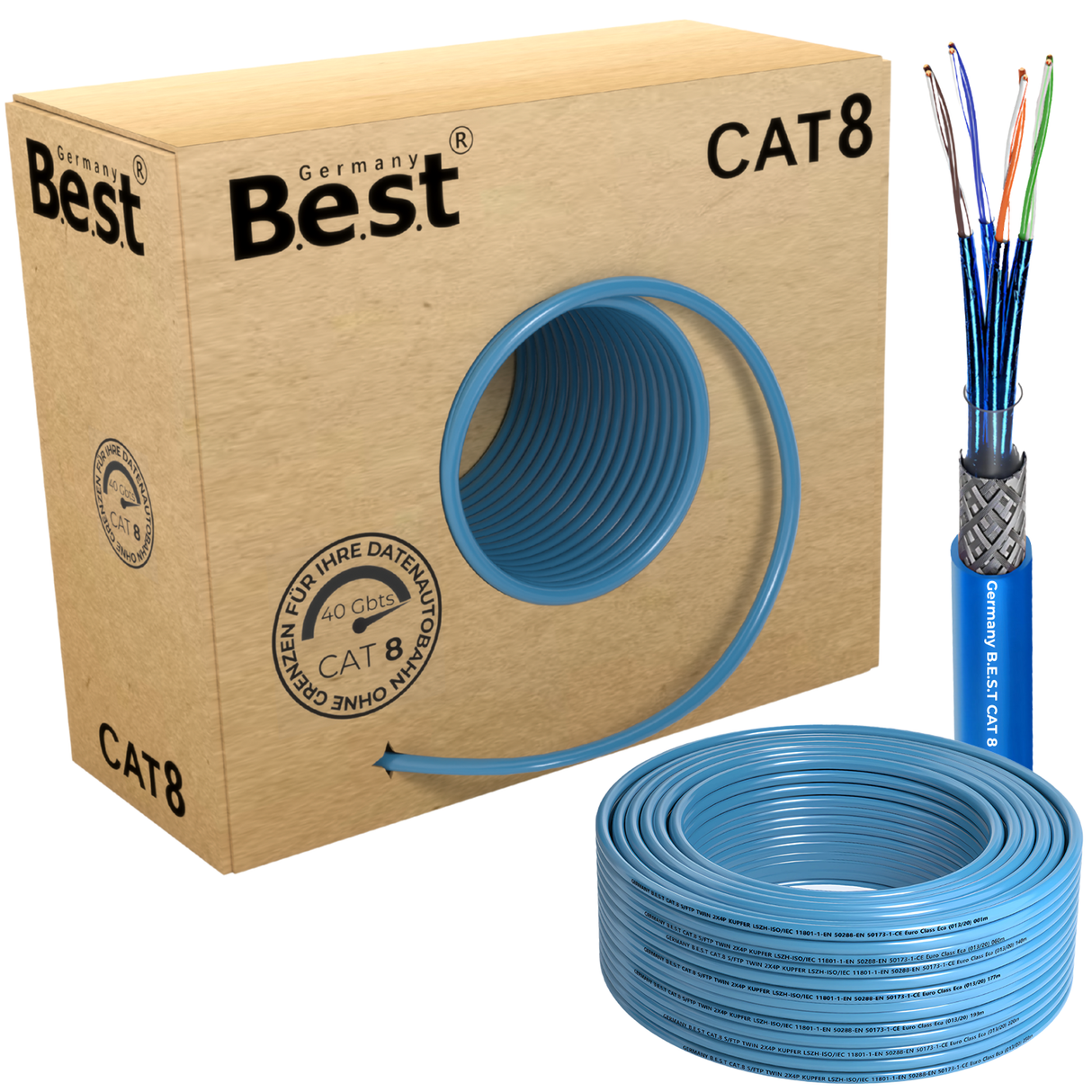 100M CAT 8 Netzwerkkabel Verlegekabel Kupfer LAN Kabel Ethernetkabel S/FTP 40 Gbit/s Kat 8 reines Kupfer Datenkabel PoE++ LSZH Datenkabel Simplex