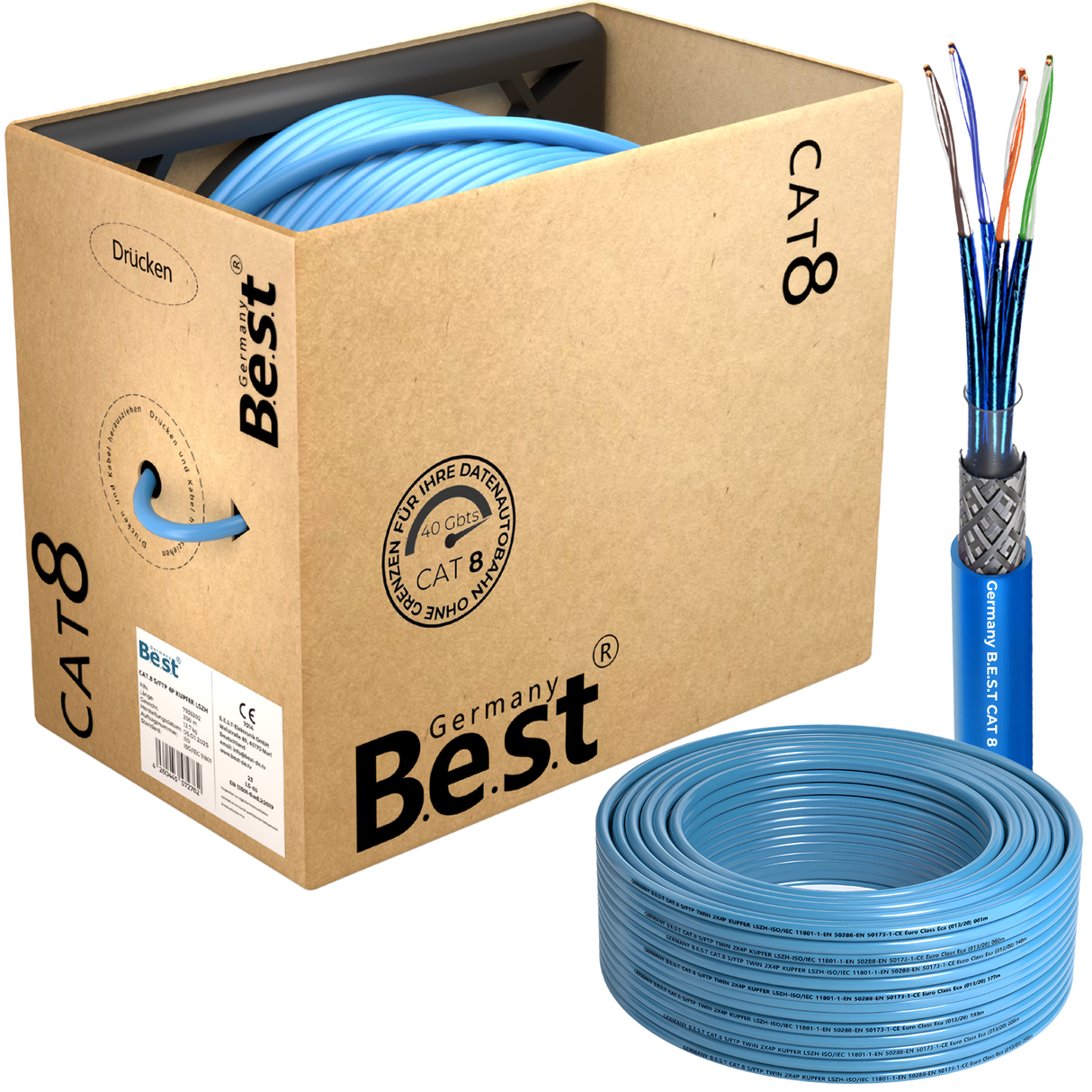 200M CAT 8 Netzwerkkabel Verlegekabel Kupfer LAN Kabel Ethernetkabel S/FTP 40 Gbit/s Kat 8 reines Kupfer Datenkabel PoE++ LSZH Datenkabel Simplex