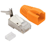 RJ45 Netzwerkstecker Orange für Datenkabel – Geschirmte LAN-Anschlüsse mit Knickschutz & Einfädelhilfe, kompatibel mit CAT6A/CAT7, für 10Gbit-Verbindungen und POE