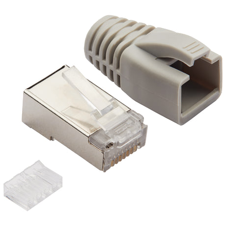 RJ45 Netzwerkstecker Grau für Datenkabel – mit Knickschutz, Einführhilfe & Zugentlastung für CAT6/CAT6A/CAT7 Kabel