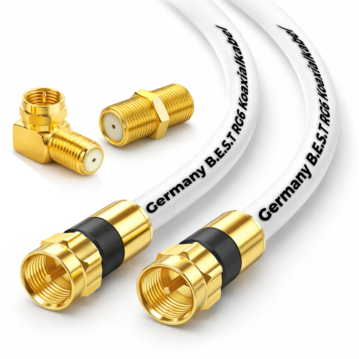 SAT Antennenkabel Koaxialkabel 135 dB Class A+ – Digital HDTV / 4K / 3D / UHD – vergoldet – 1× 90° Winkelstecker & 1x F-Verbinder inkl. – Satellitenkabel für Receiver, Router & Modem