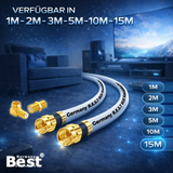 SAT Antennenkabel Koaxialkabel 135 dB Class A+ – Digital HDTV / 4K / 3D / UHD – vergoldet – 1× 90° Winkelstecker & 1x F-Verbinder inkl. – Satellitenkabel für Receiver, Router & Modem