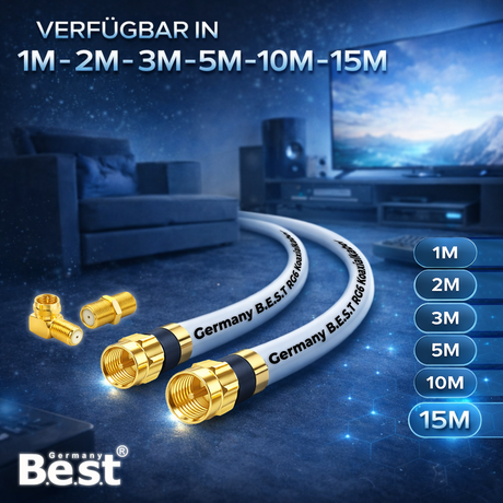 SAT Antennenkabel Koaxialkabel 135 dB Class A+ – Digital HDTV / 4K / 3D / UHD – vergoldet – 1× 90° Winkelstecker & 1x F-Verbinder inkl. – Satellitenkabel für Receiver, Router & Modem