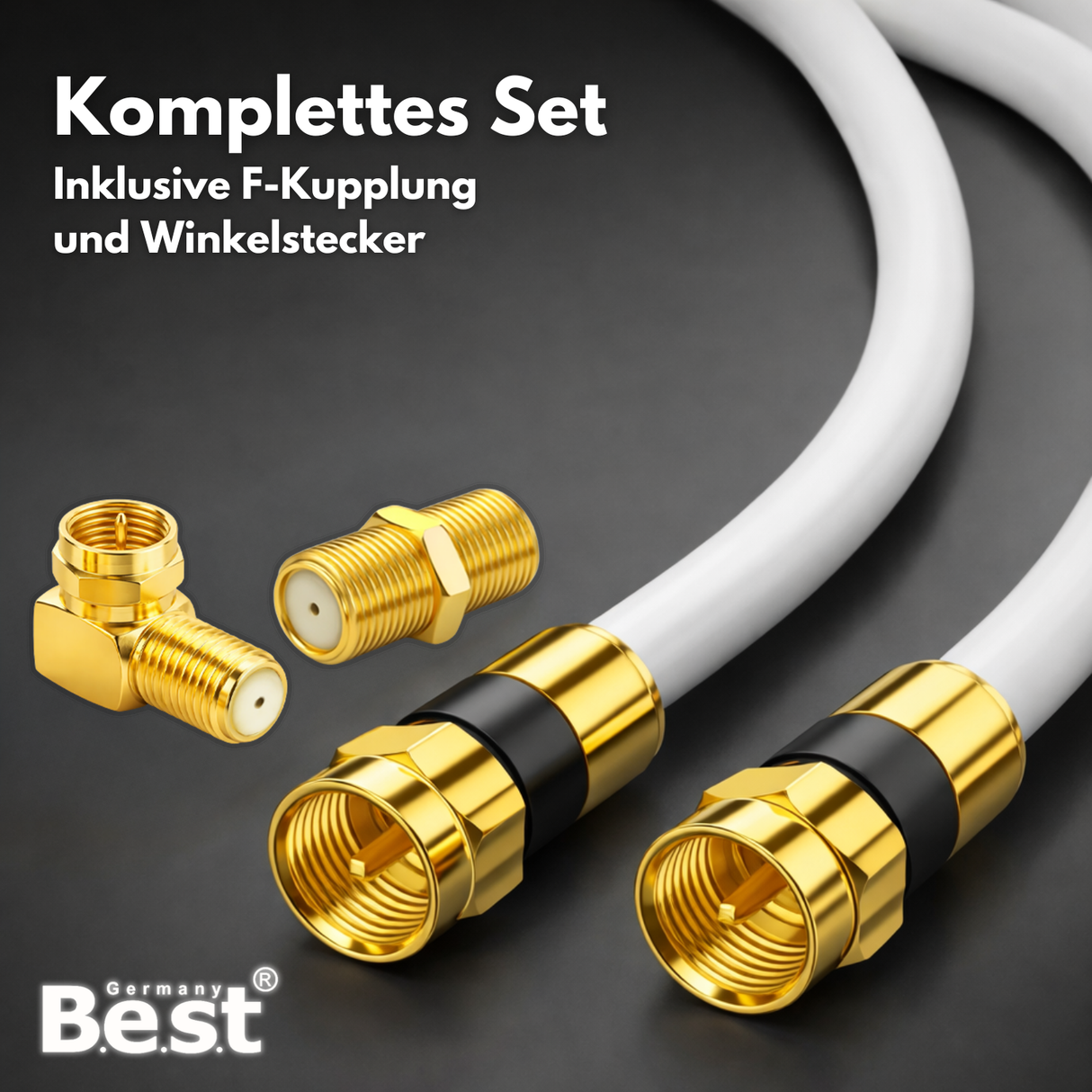 SAT Antennenkabel Koaxialkabel 135 dB Class A+ – Digital HDTV / 4K / 3D / UHD – vergoldet – 1× 90° Winkelstecker & 1x F-Verbinder inkl. – Satellitenkabel für Receiver, Router & Modem