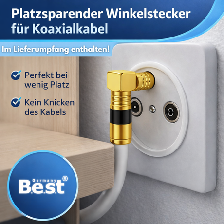 SAT Antennenkabel Koaxialkabel 135 dB Class A+ – Digital HDTV / 4K / 3D / UHD – vergoldet – 1× 90° Winkelstecker & 1x F-Verbinder inkl. – Satellitenkabel für Receiver, Router & Modem